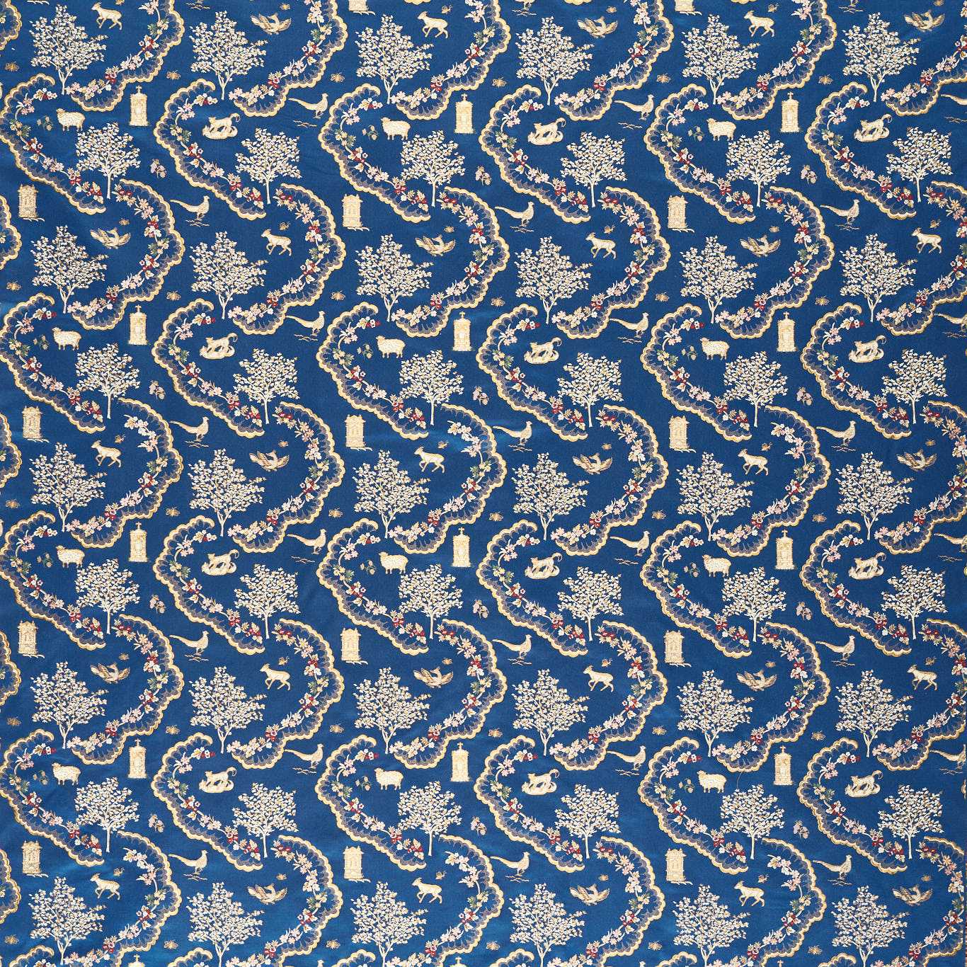 SANDERSON Wildflower Meadow Brocade Fabric Animals Sapphire - DHIF237601
