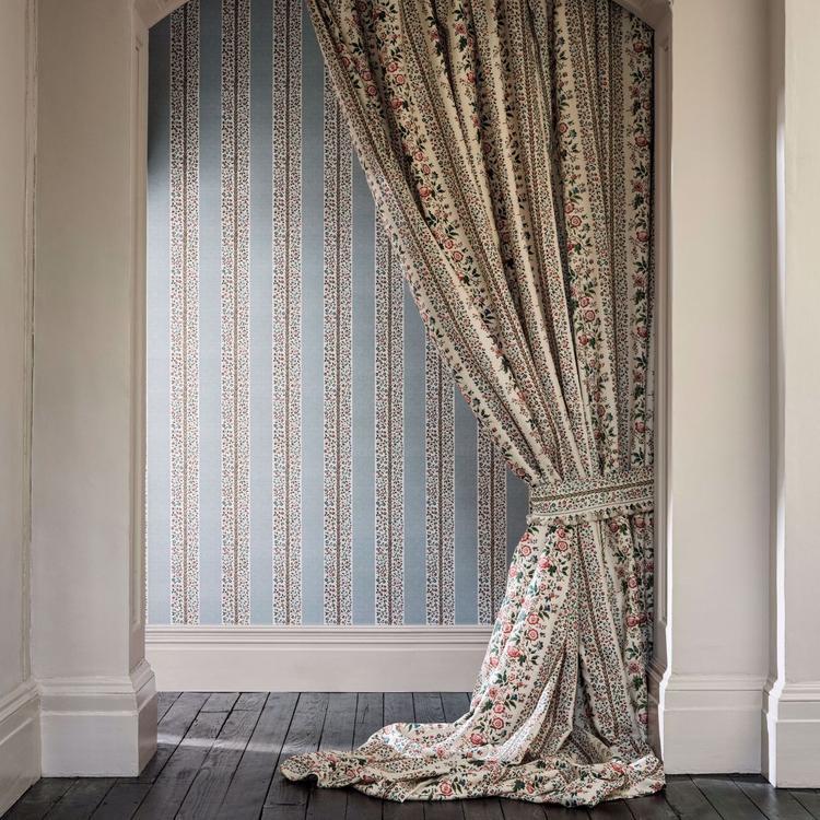 Sanderson Highgrove Pergola Stripe wallpaper mineral blue wisteria designer wallcovering luxury accent wall for living room bedroom dining room classic and contemporary interiors