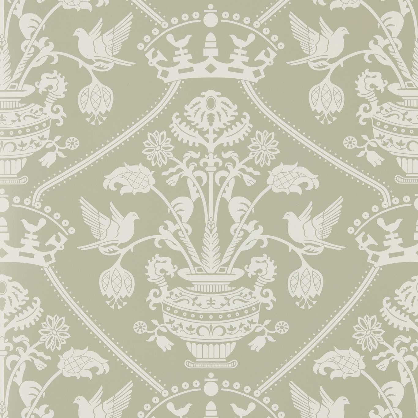 SANDERSON Highgrove Damask Wallpaper Damasks Silver Green Rotary Printed Wallpaper - DHIP217502