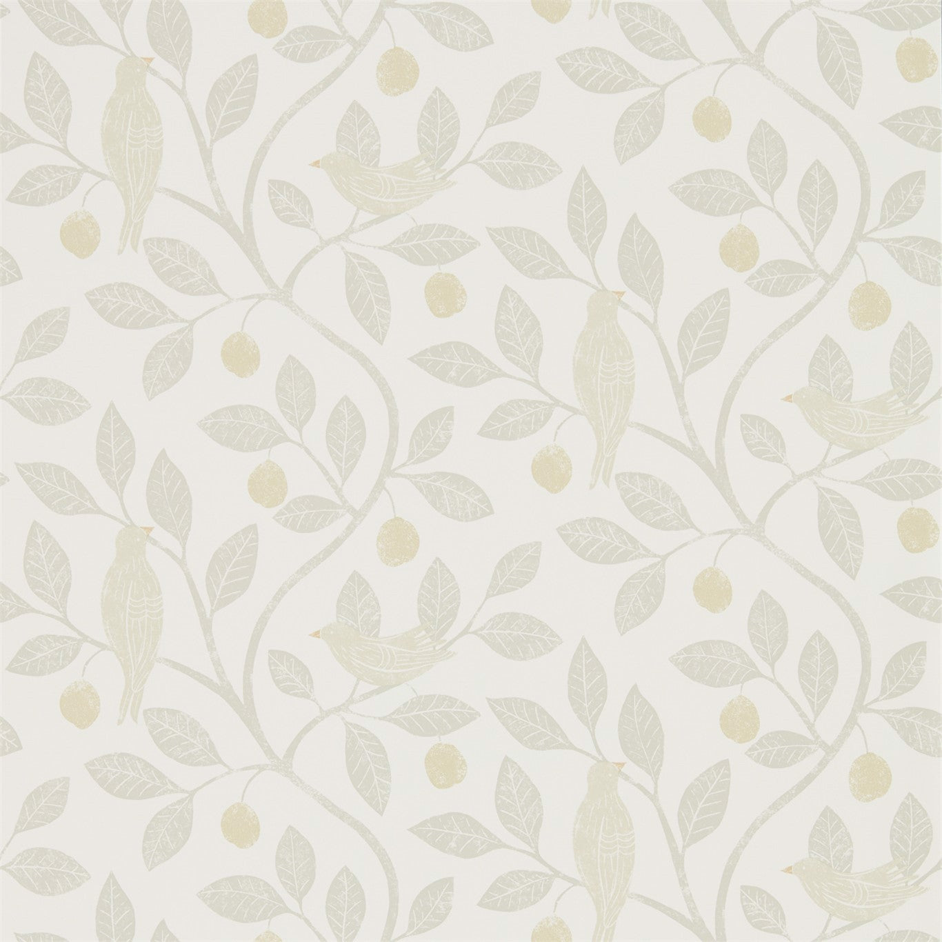 Cream botanical wallpaper with pale beige branches, leaves and small damson fruits on ivory background; vintage nature pattern