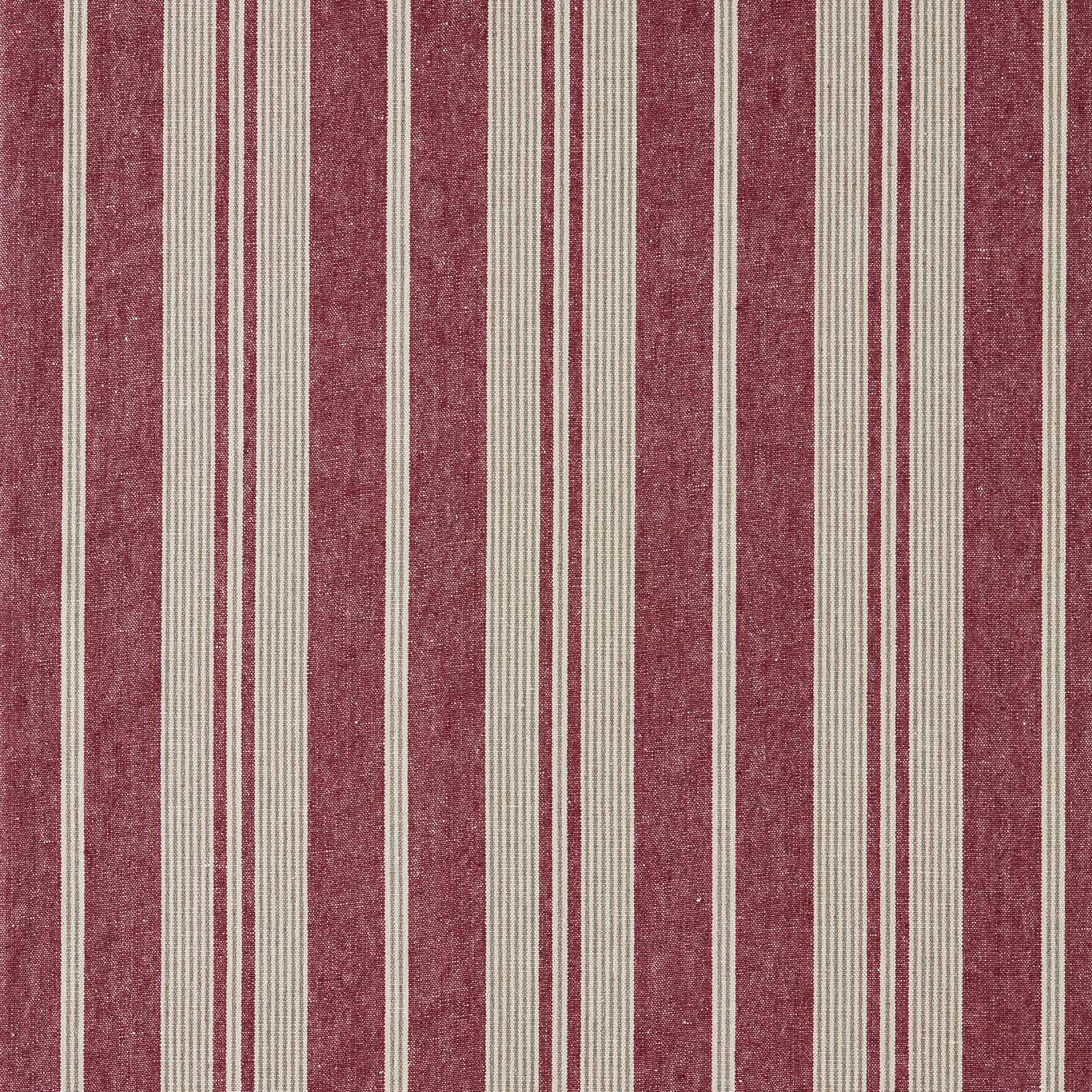 Vertical russet and cream striped fabric with textured weave, vintage upholstery look.