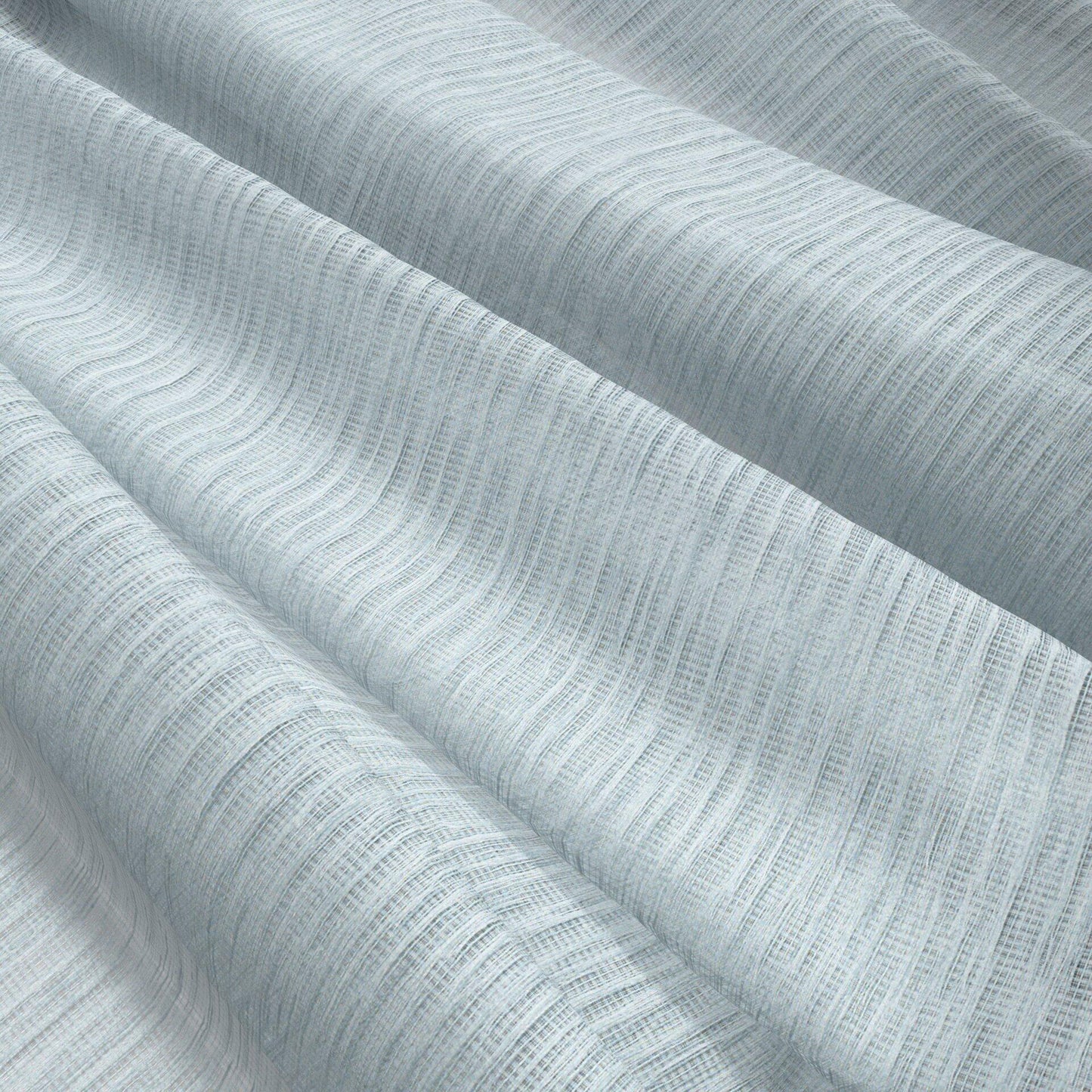 Seafoam blue strie sheer fabric with soft drape and textured weave; suitable for curtains or apparel.