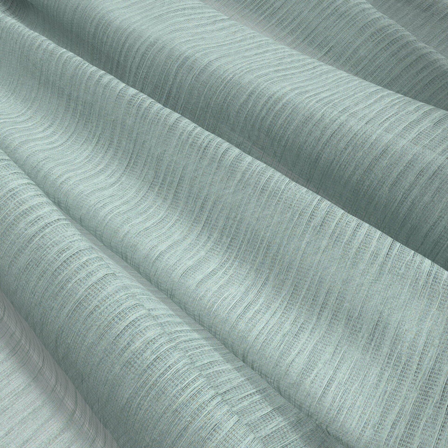 Mint green crinkled sheer fabric with a subtle ribbed texture, gracefully draped; linen-like material for curtains or apparel.