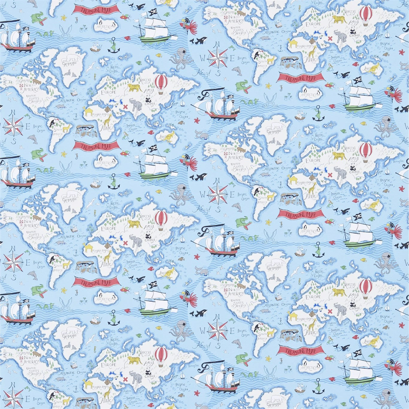 SANDERSON Treasure Map Wallpaper Kids Sea Blue Gravure - Wide Width Printed Wallpaper - DLIT214038