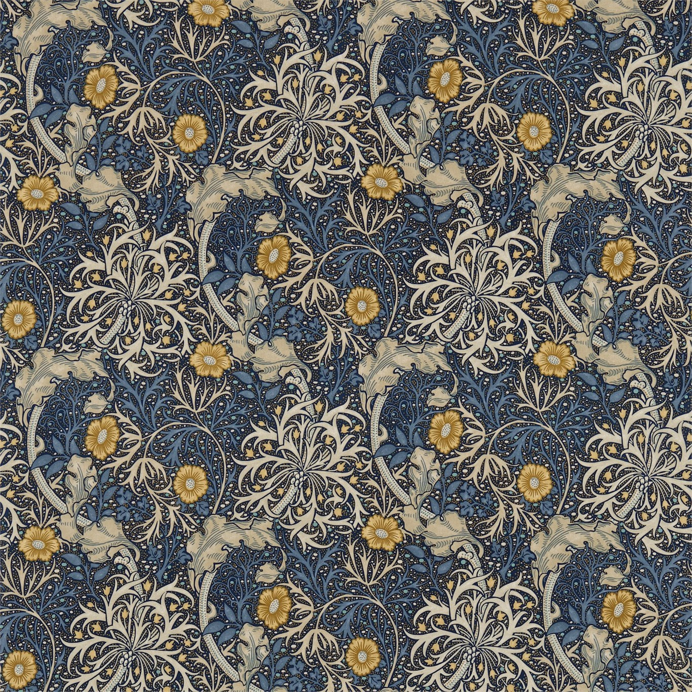 MORRIS & CO Morris Seaweed Fabric Contemporary, Floral Ink,Woad - DM3P224470