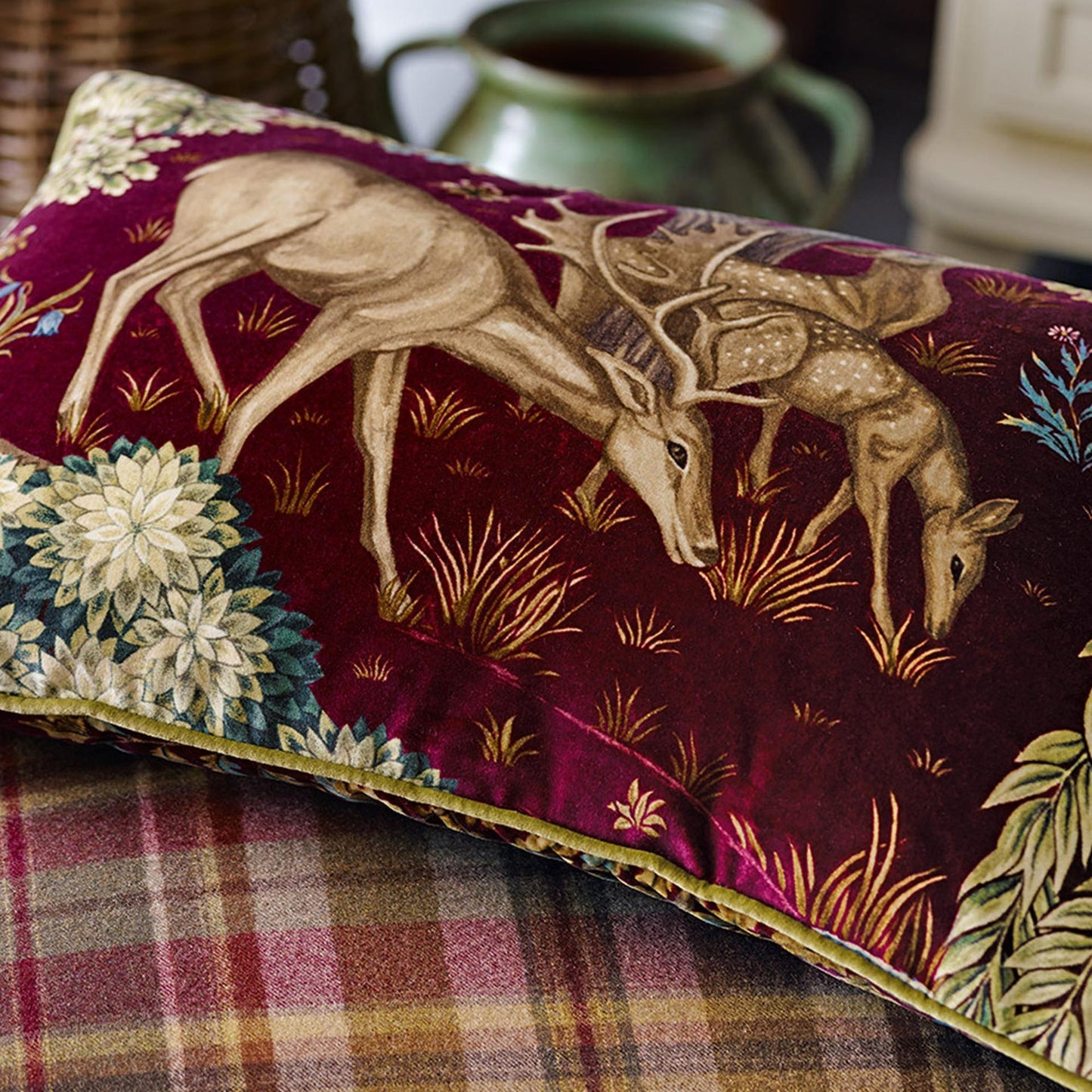 Morris & Co The Brook Tapestry Red velvet fabric with tapestry-style botanical design, ideal for upholstery, cushions, curtains, and luxury interior design, featuring rich red tones and William Morris-inspired heritage pattern