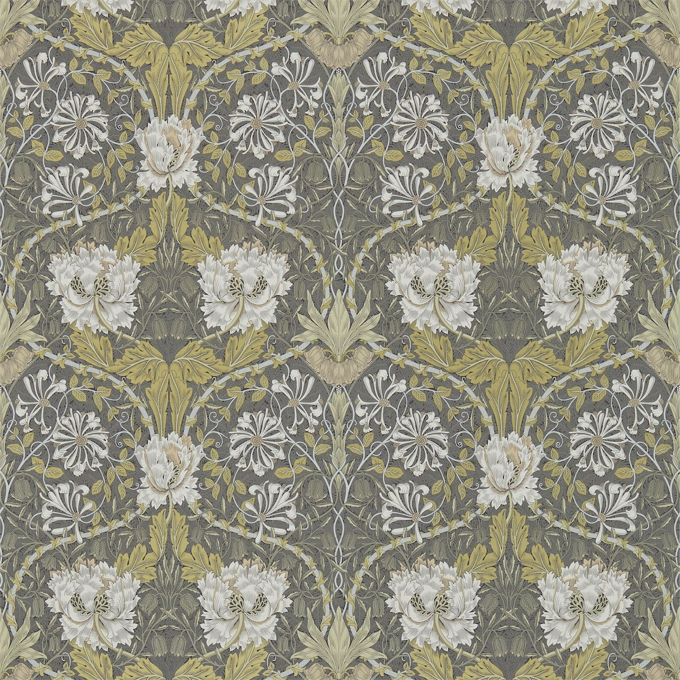 Charcoal and gold damask wallpaper with a floral motif in a repeating pattern.