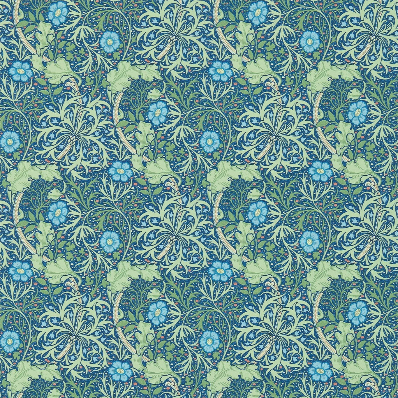 MORRIS & CO Morris Seaweed Wallpaper Contemporary, Floral Cobalt,Thyme Surflex-Printed Wallpaper - DM3W214713