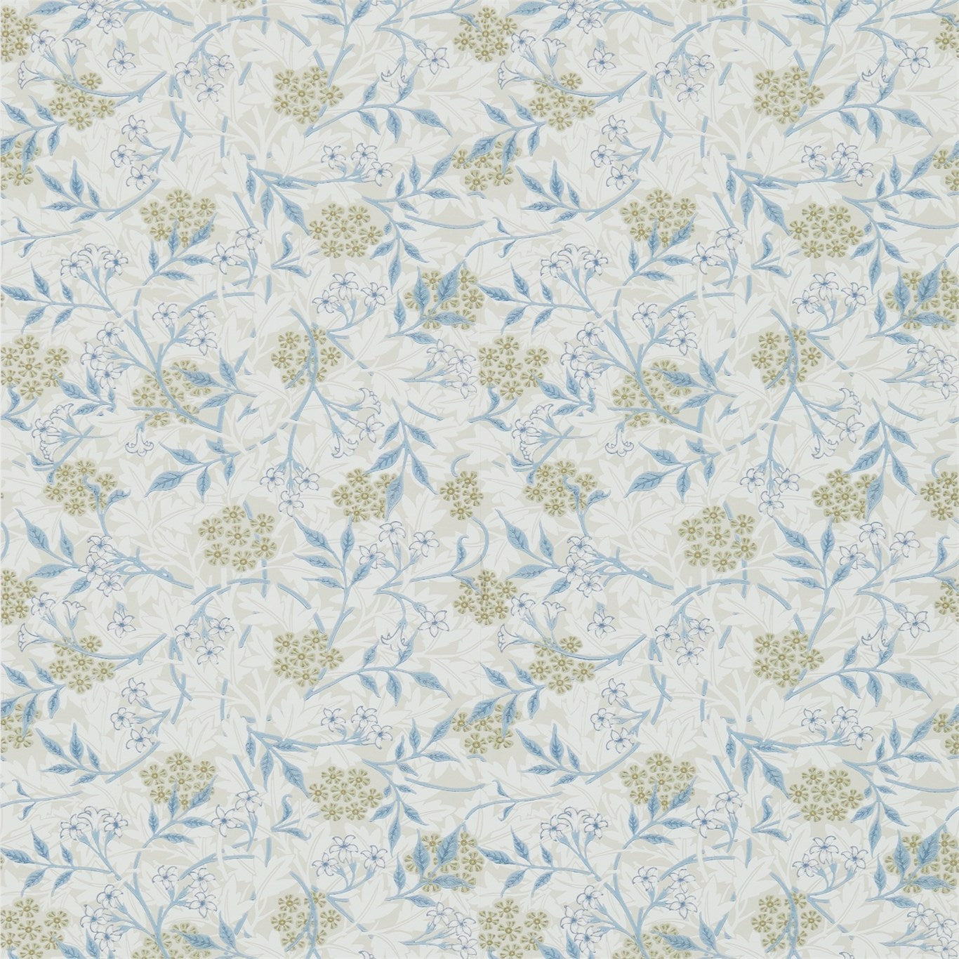 Cream wallpaper with pale blue botanical branches and clusters of tiny gold flowers; delicate floral pattern.