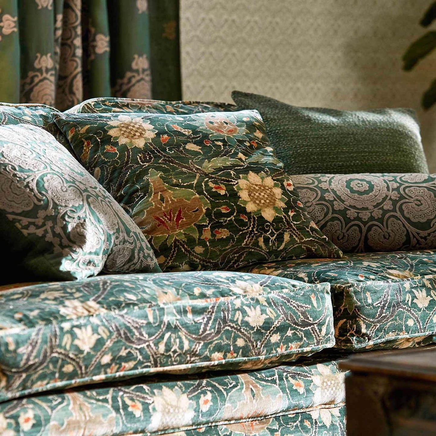 Morris & Co Montreal Velvet Fabric Archive IV Purleigh Weaves in forest teal — luxury upholstery textile with rich pattern for curtains, cushions and designer interiors.