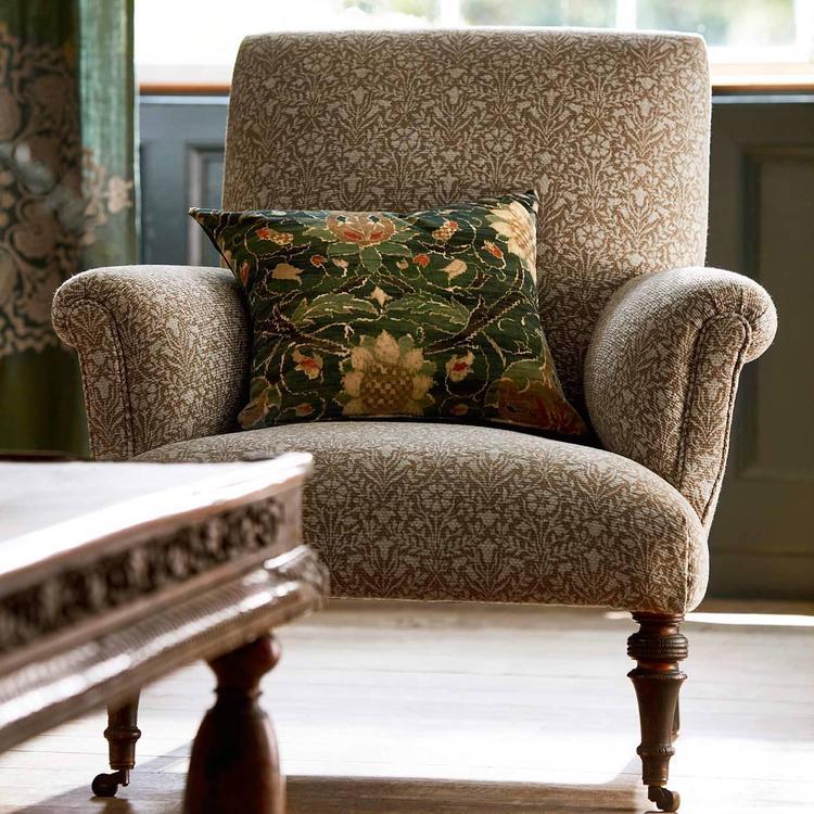 Morris & Co Bellflowers Weave Fabric in Wheat – small‑scale interlocking floral motif jacquard weave, approx. 55″ wide, durable mix of viscose/cotton/linen, ideal for upholstery, drapery, cushions and statement home décor
