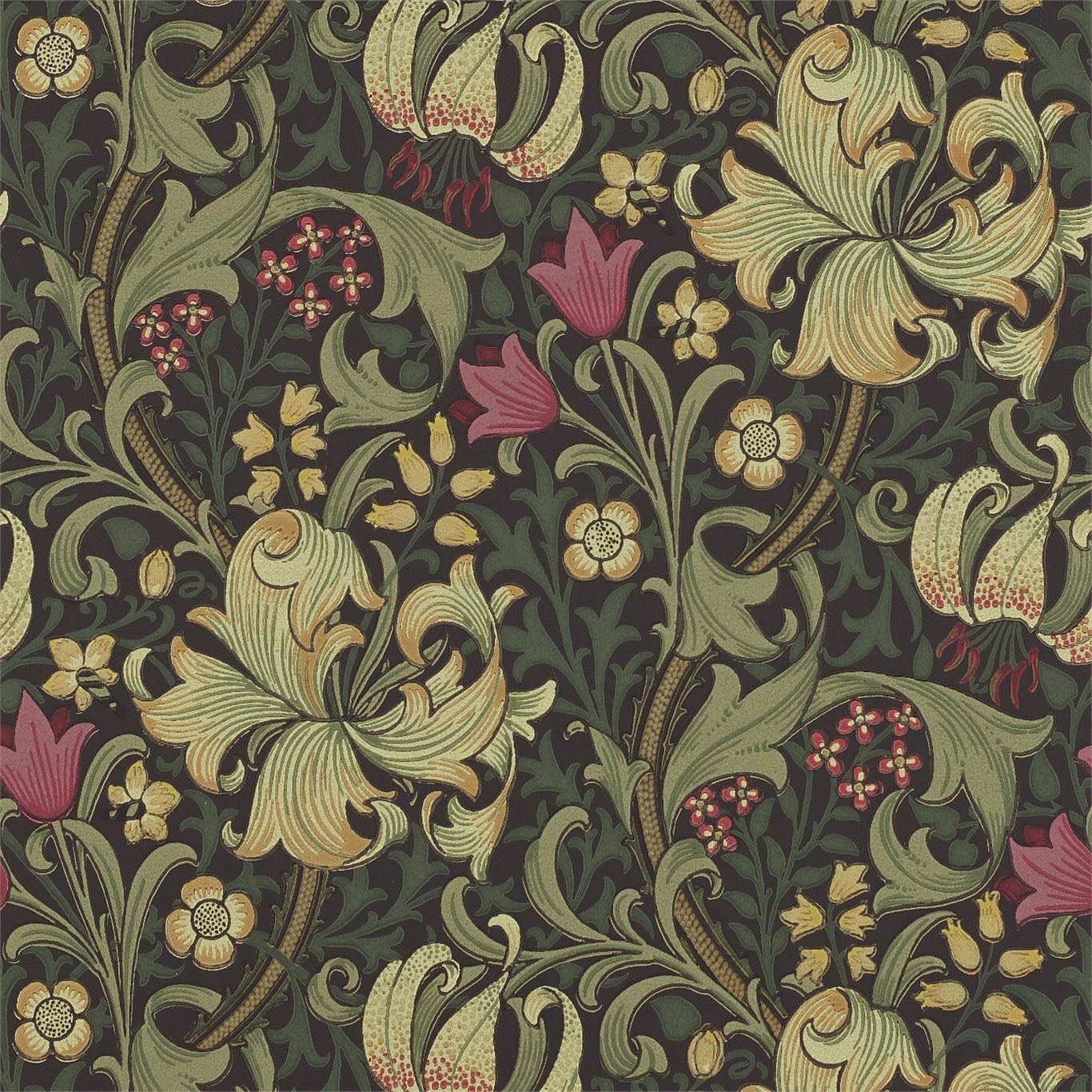 MORRIS & CO Golden Lily Wallpaper Leaves , Trees Charcoal,Olive Surflex-Printed Wallpaper - DM6P210403