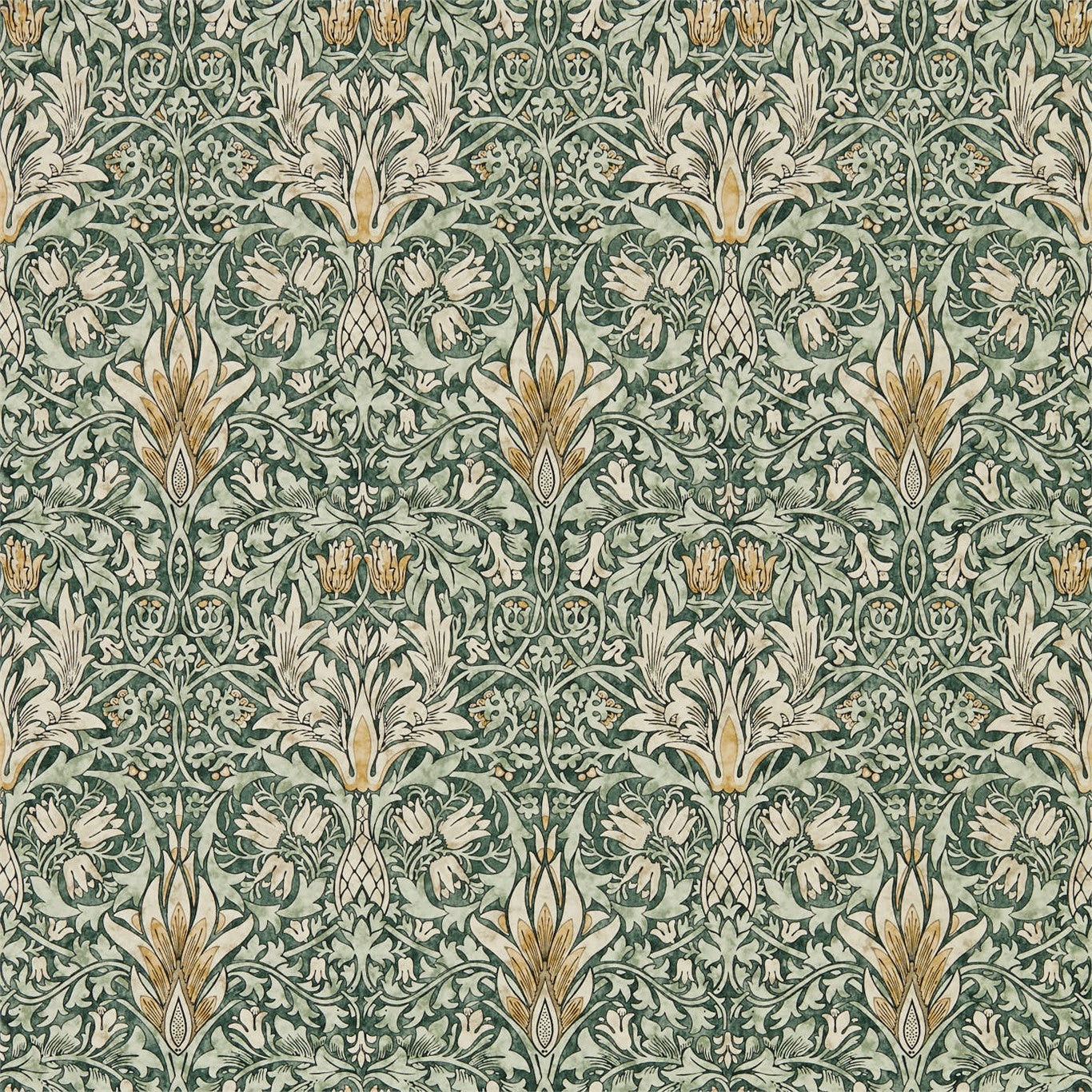 Teal-green damask wallpaper with cream and gold floral scrollwork, ornate vintage pattern.
