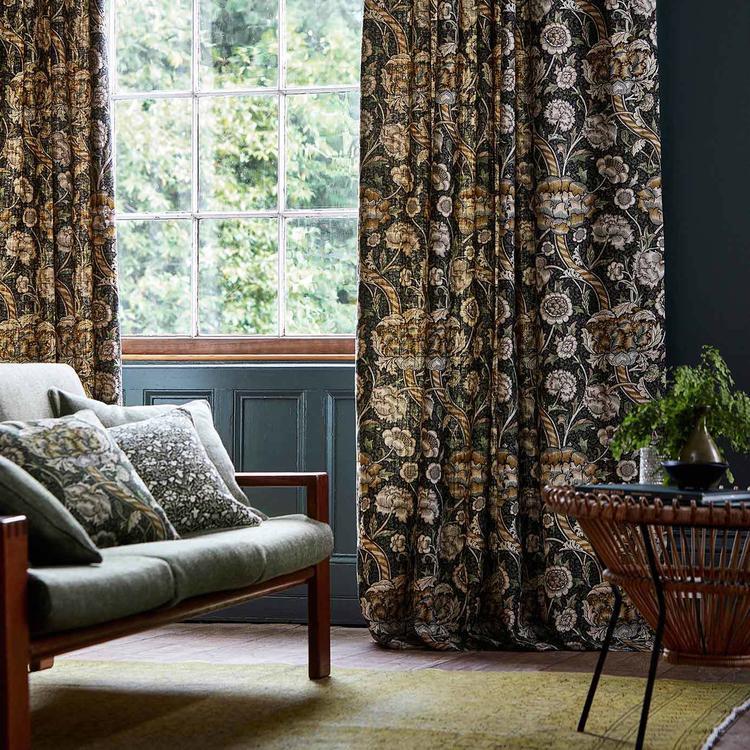 Morris & Co. Wandle Fabric in Charcoal/Mustard showing the striped, meandering diagonal branch and floral motifs on 100% linen — ideal for upholstery, drapery and luxury décor