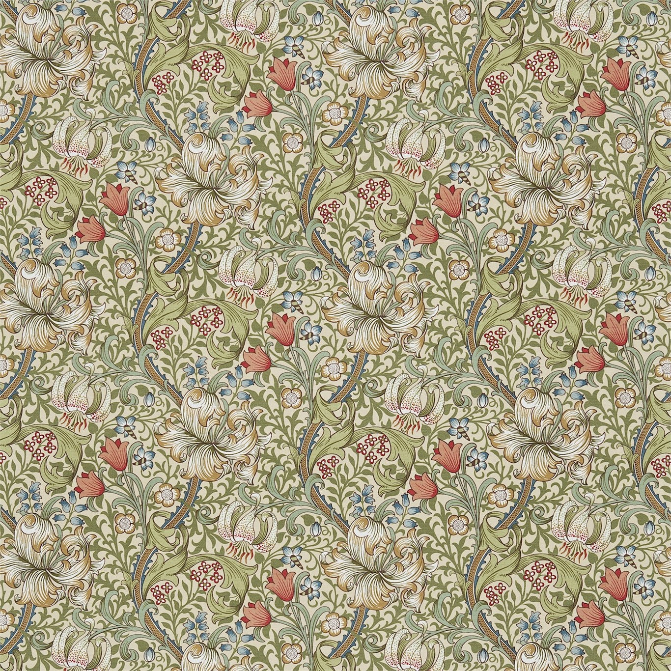 MORRIS & CO Golden Lily Fabric Classic Floral Multi Green on Stone - DMC1G3201