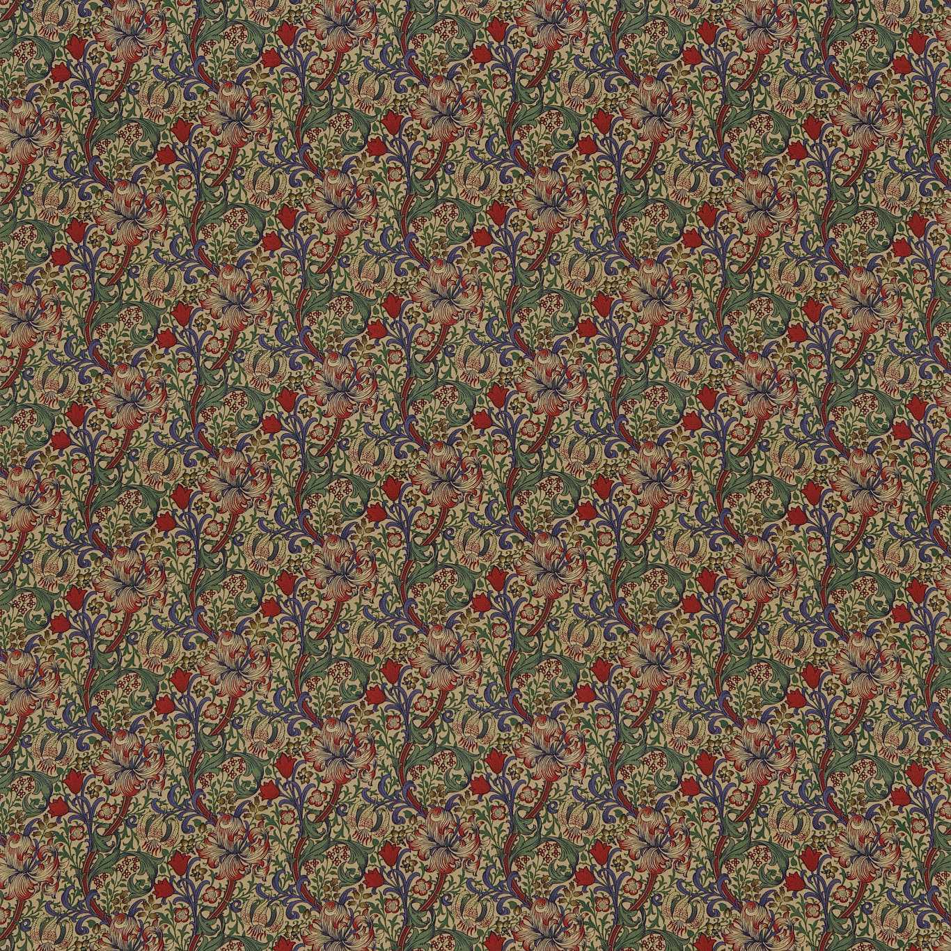 MORRIS & CO Golden Lily Fabric Classic Floral Bottle Green,Burgundy - DMC1G4203