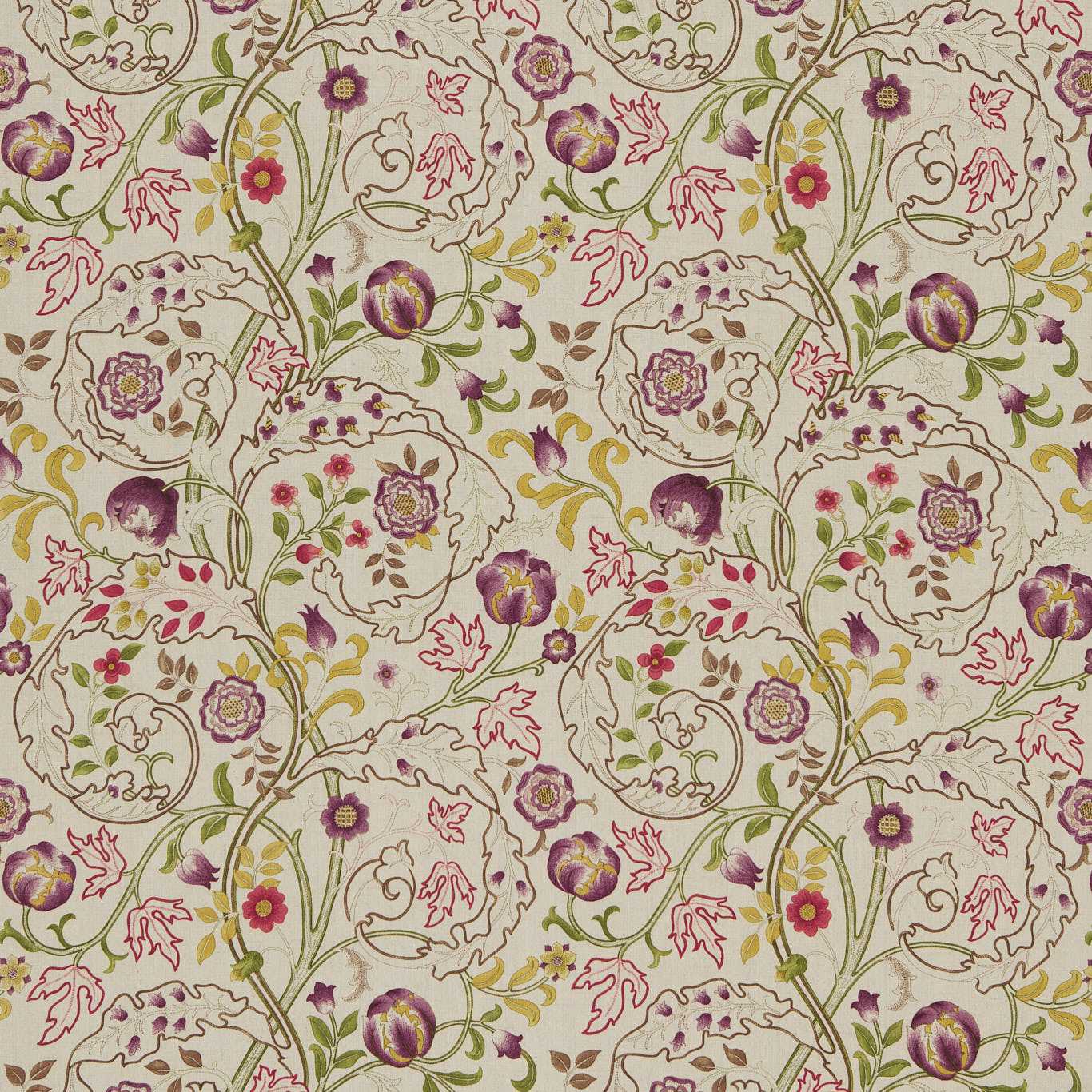MORRIS & CO Mary Isobel Fabric Contemporary, Floral Wine,Linen - DMCOMA201