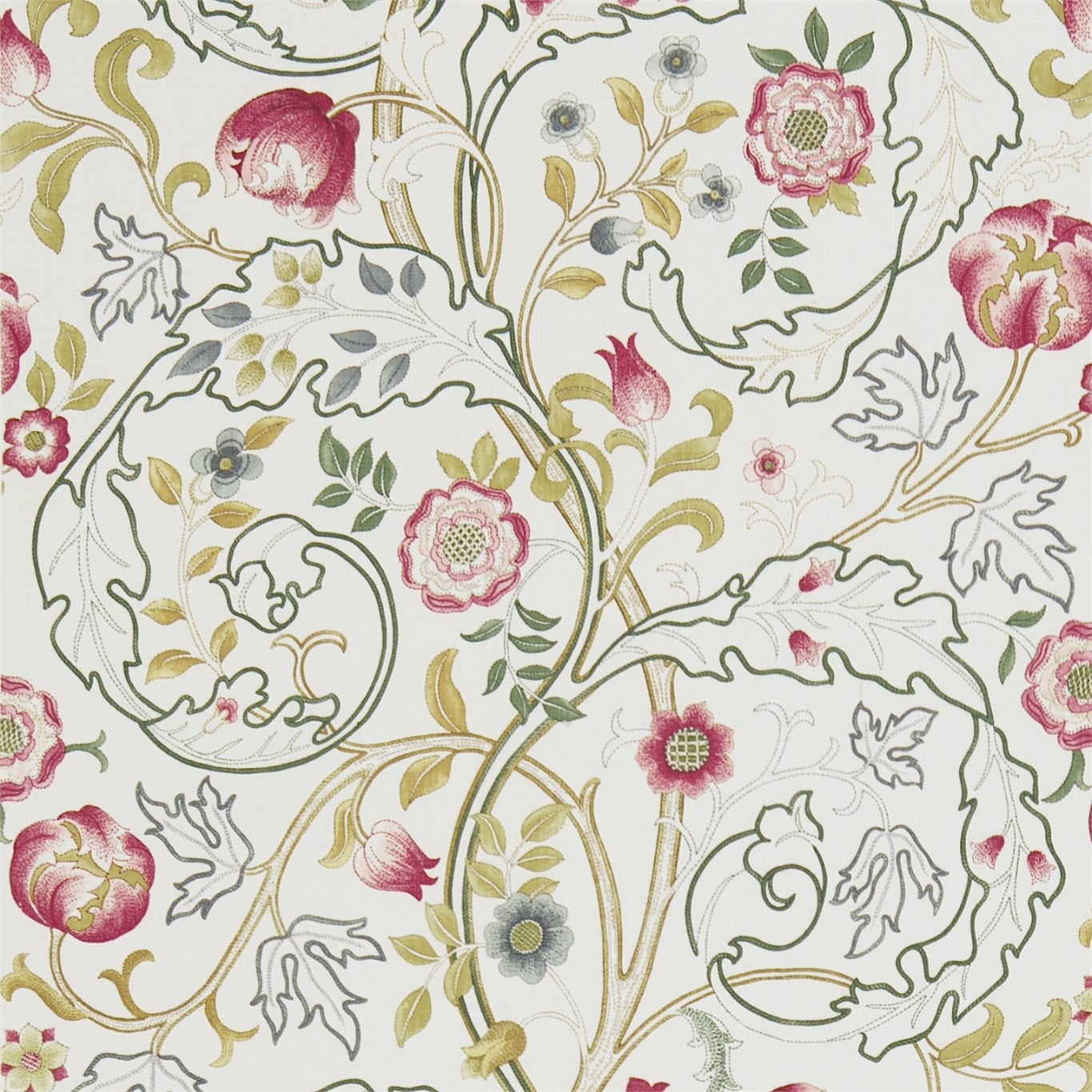 Ivory background with decorative floral fabric: pink roses, gold vines and gray-green leaves.