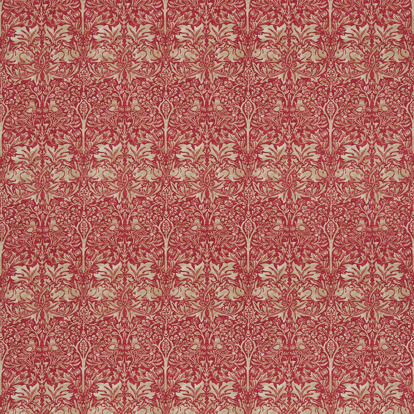 Red damask pattern fabric with a beige background; ornate floral scrollwork in a repeating motif.