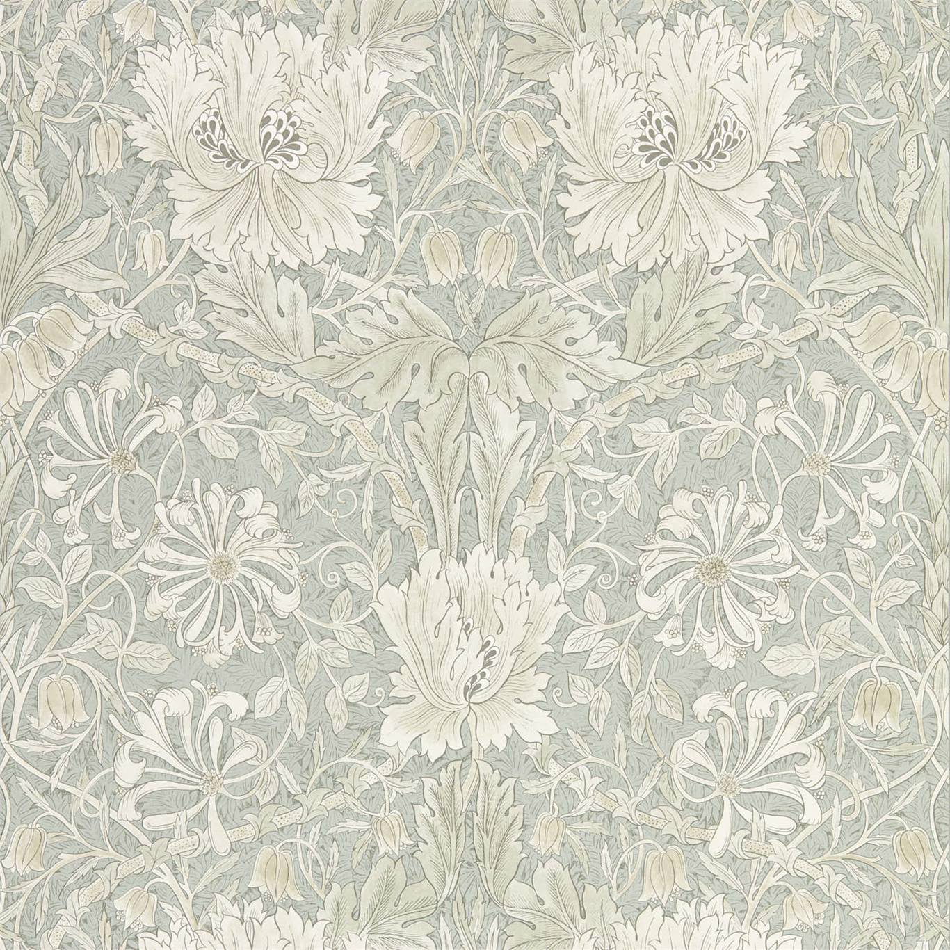 MORRIS & CO Pure Honeysuckle & Tulip Wallpaper Classic Floral Grey Blue Gravure - Wide Width Printed Wallpaper - DMPN216525