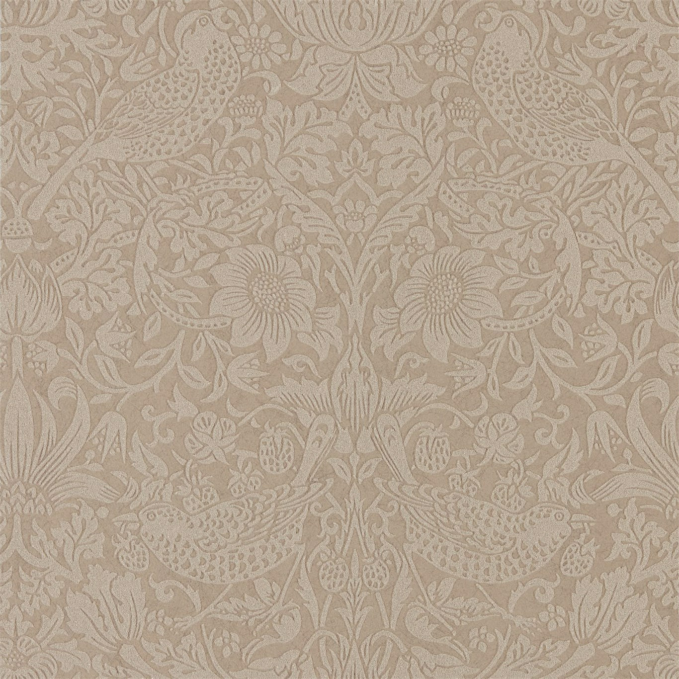 MORRIS & CO Pure Strawberry Thief Wallpaper Birds Taupe,Gilver Rotary Printed Wallpaper - DMPU216019