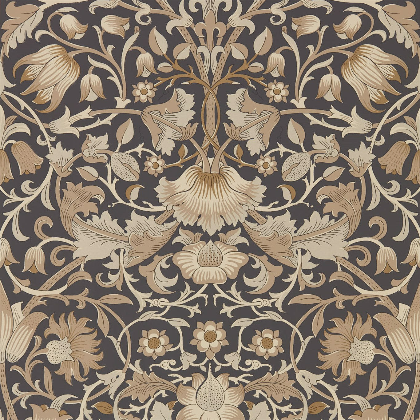 MORRIS & CO Pure Lodden Wallpaper Classic Floral Charcoal,Gold Rotary Printed Wallpaper - DMPU216027