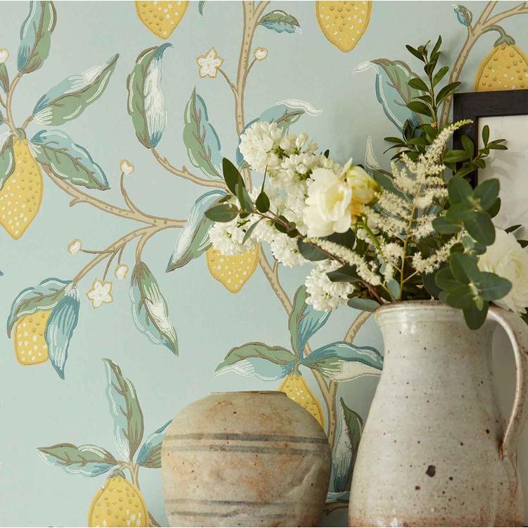 Morris & Co. Lemon Tree wallpaper Melsetter collection botanical Wedgewood designer wallcovering luxury accent wall for living room bedroom dining room classic and contemporary interiors