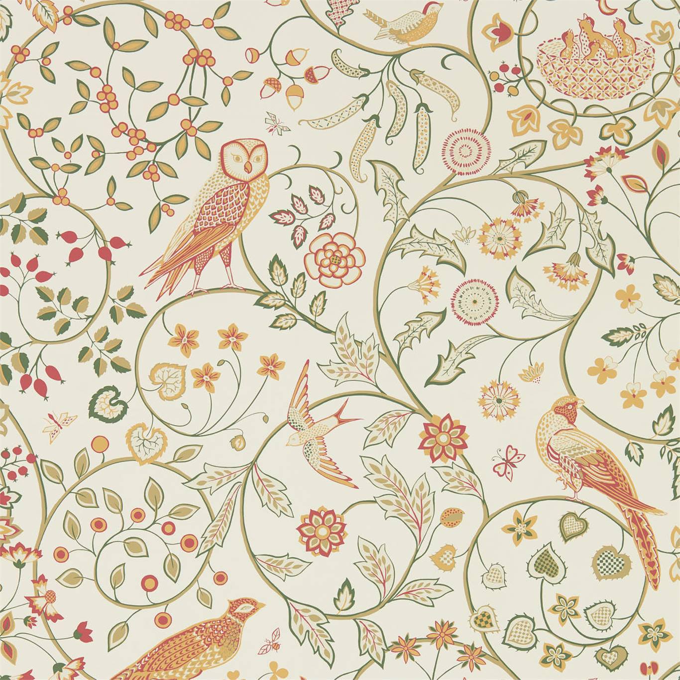 MORRIS & CO Newill Wallpaper Birds Ivory Sage Rotary Wide Width Printed Wallpaper - DMSW216705