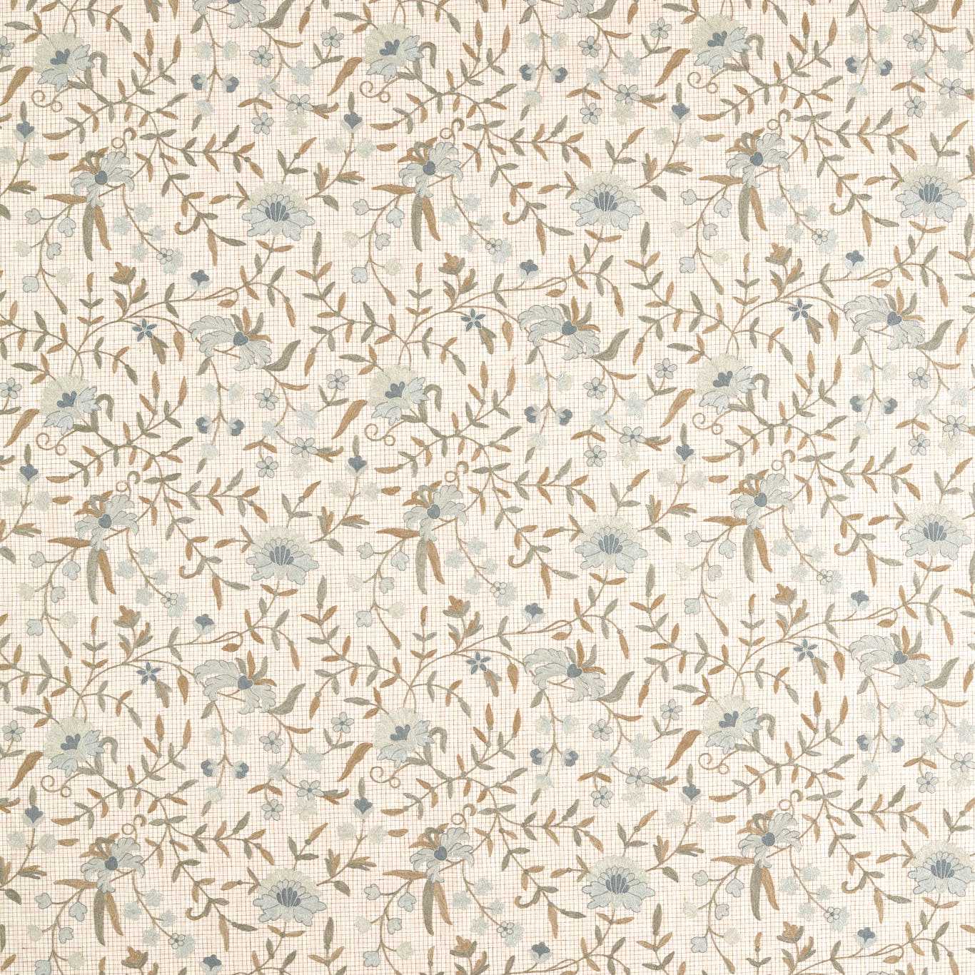 Beige floral fabric pattern with pale blue flowers and brown vines, small leaves in a repeating design.