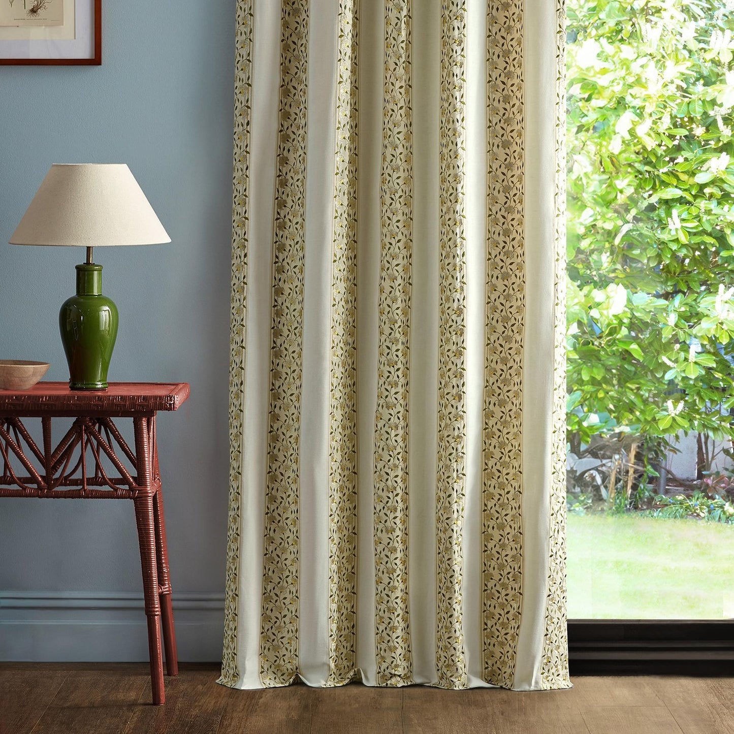 Sanderson Sloe Blossom Lichen White embroidered fabric with trailing floral blossoms on a figured stripe linen cotton blend, ideal for upholstery, curtains, drapery, and cushions in soft neutral tones and classic English interior design