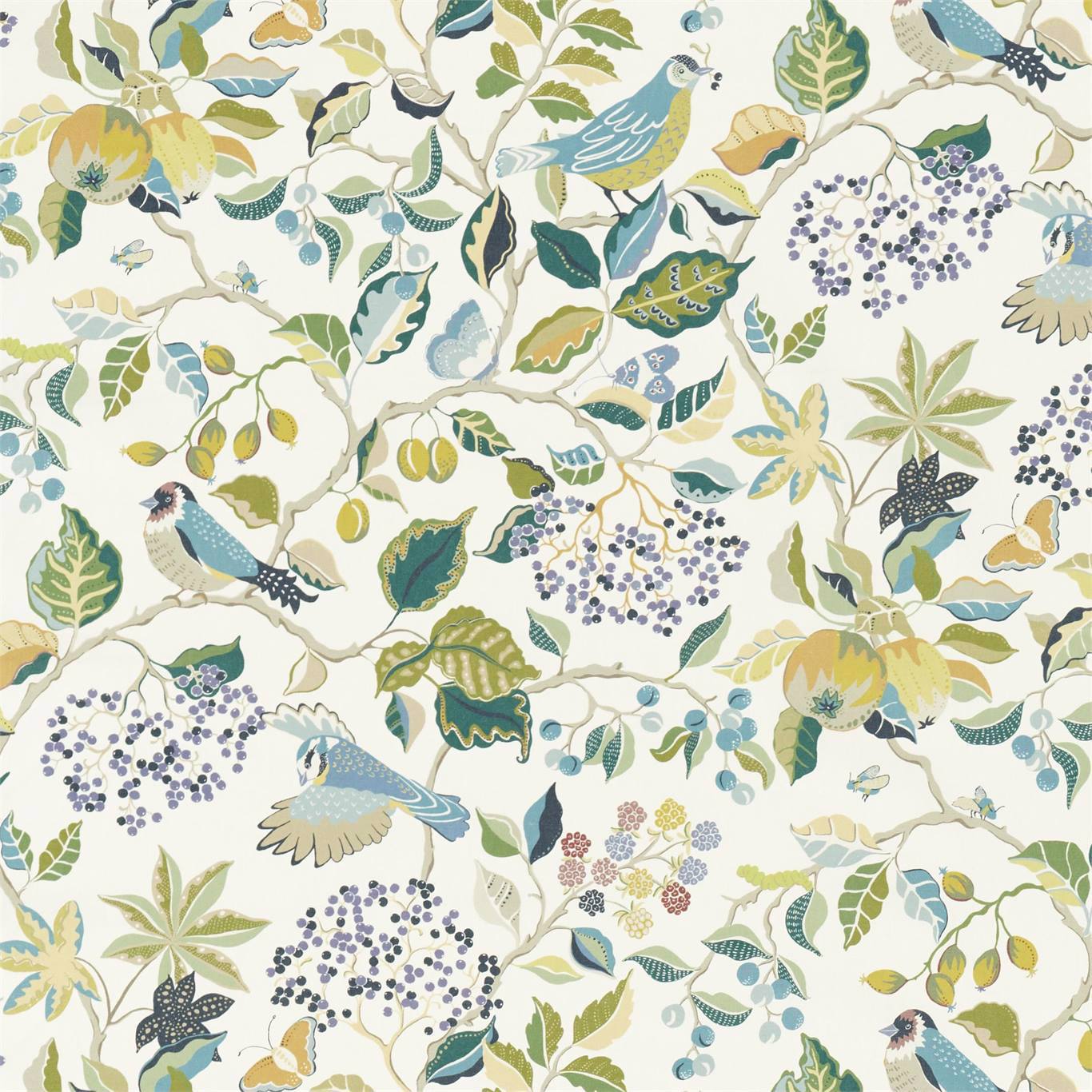 SANDERSON Birds & Berries Fabric Leaves , Trees Southwold Blue - DNTF226728