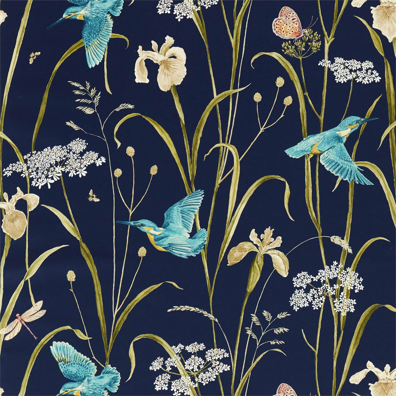 SANDERSON Kingfisher & Iris Fabric Animals Navy,Teal - DNTF226733