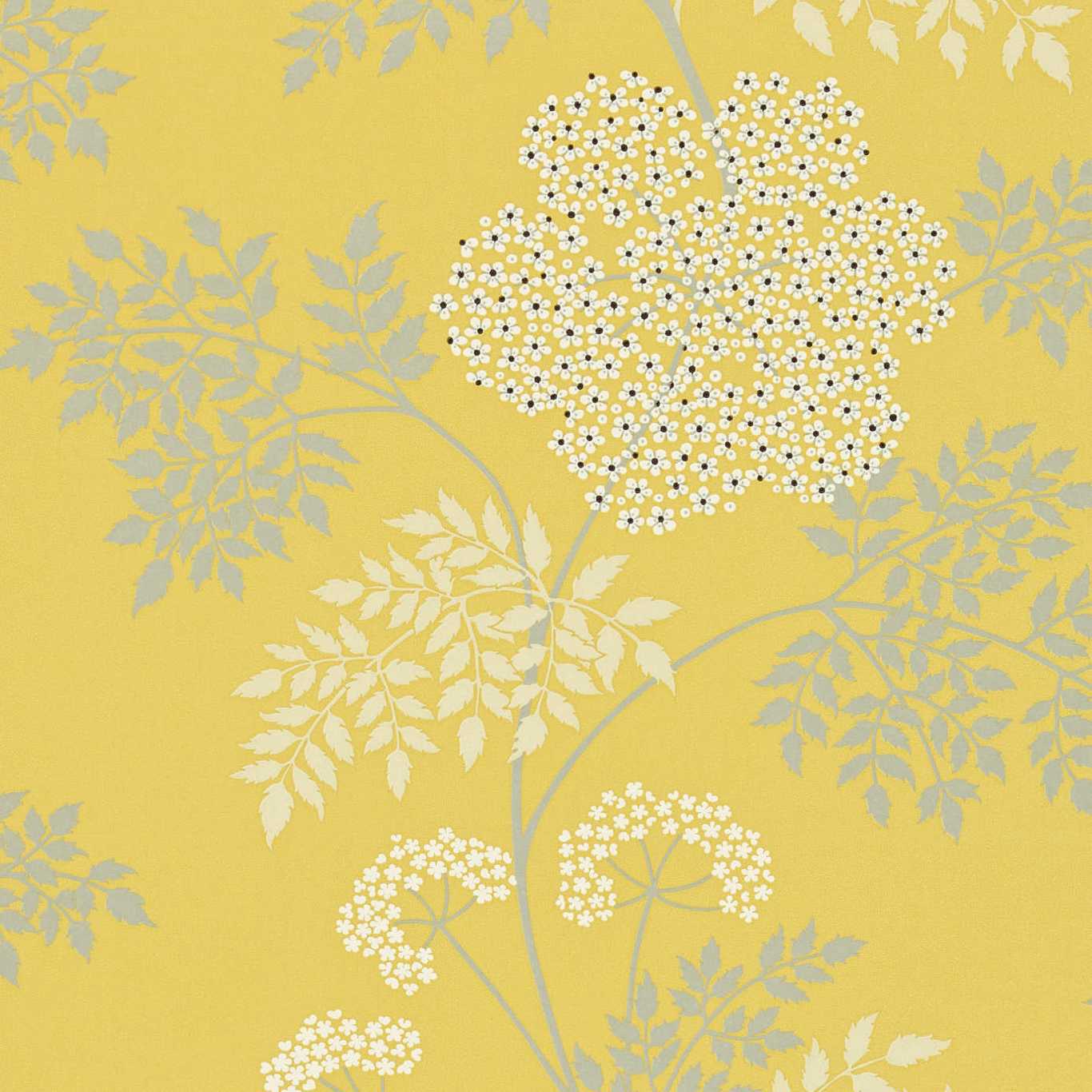 Yellow wallpaper with pale gray leaves and white floral clusters in a delicate botanical print.