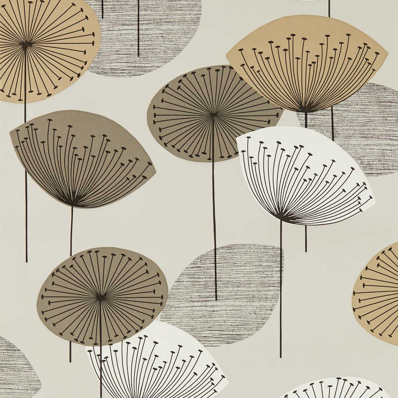 Abstract wallpaper pattern with dandelion-like circular shapes in beige, tan, brown and white on pale cream background.