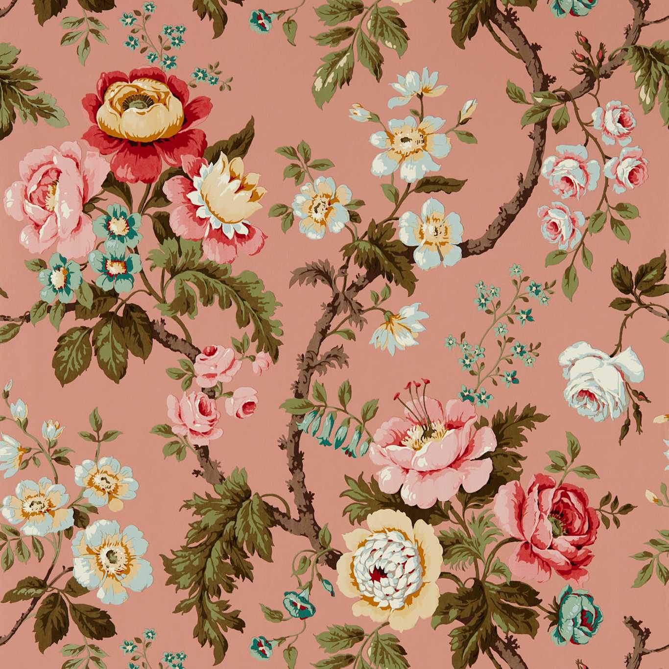 Peachy-pink floral wallpaper with large roses and peonies, brown vines, green leaves, and pastel blossoms in a botanical print.