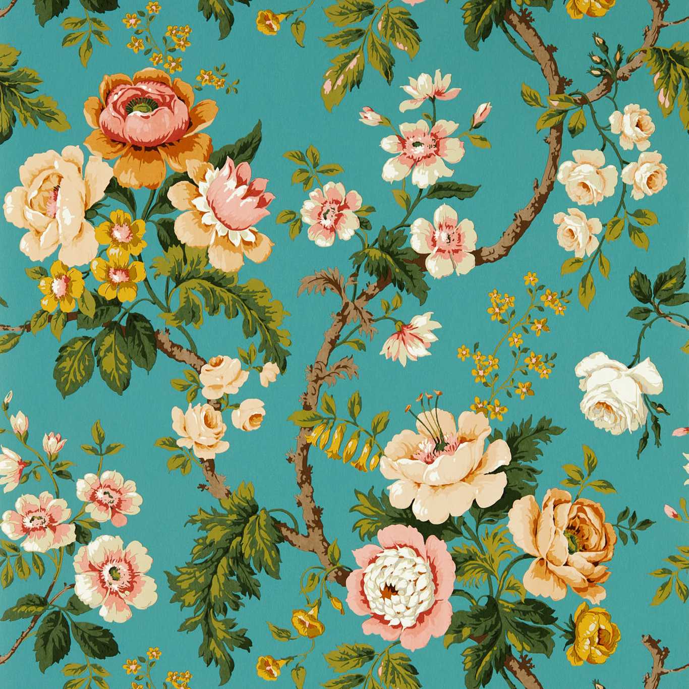 SANDERSON Hykenham Wallpaper Classic Floral High Sea,Ginger Gravure - Wide Width Printed Wallpaper - DOSW217041