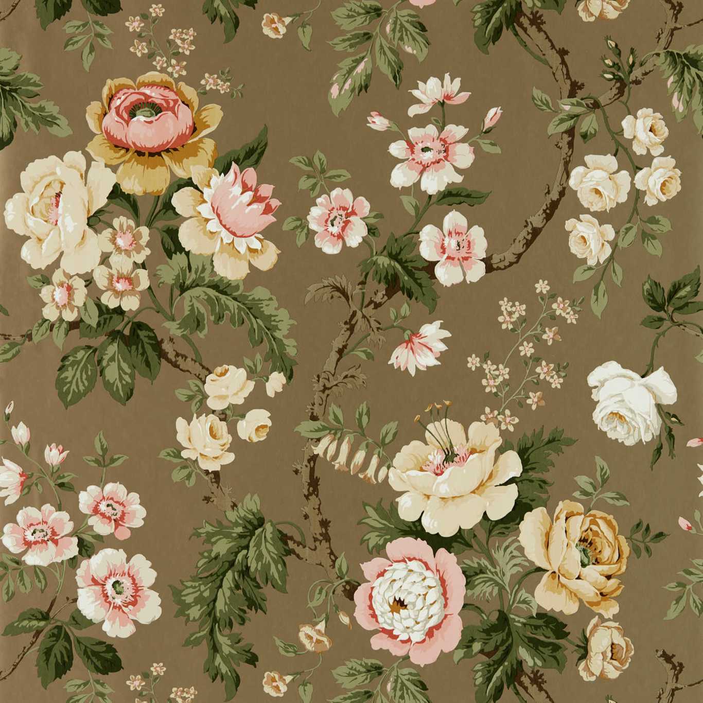 Taupe wallpaper with a vintage floral print of cream, pink, and yellow roses and green leaves, accented by gold metallic details.