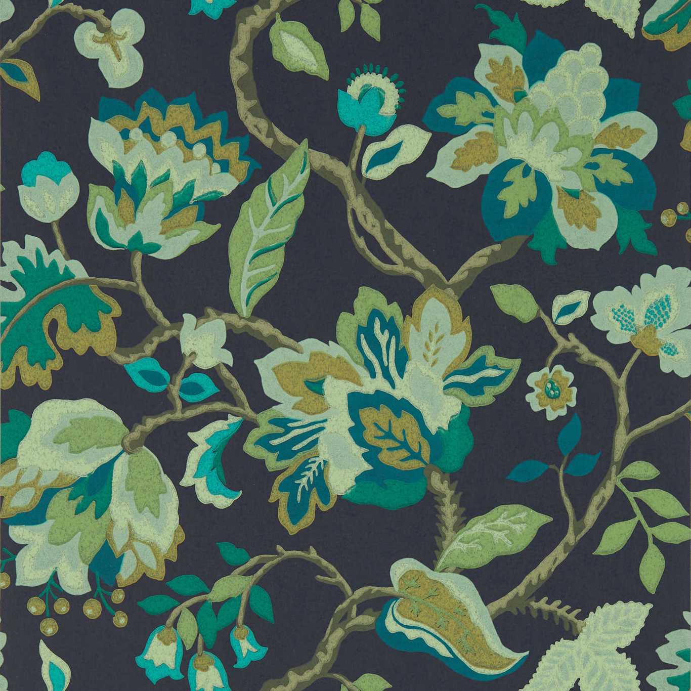 Dark navy wallpaper with teal, turquoise, and sage floral vines in a damask-style pattern.