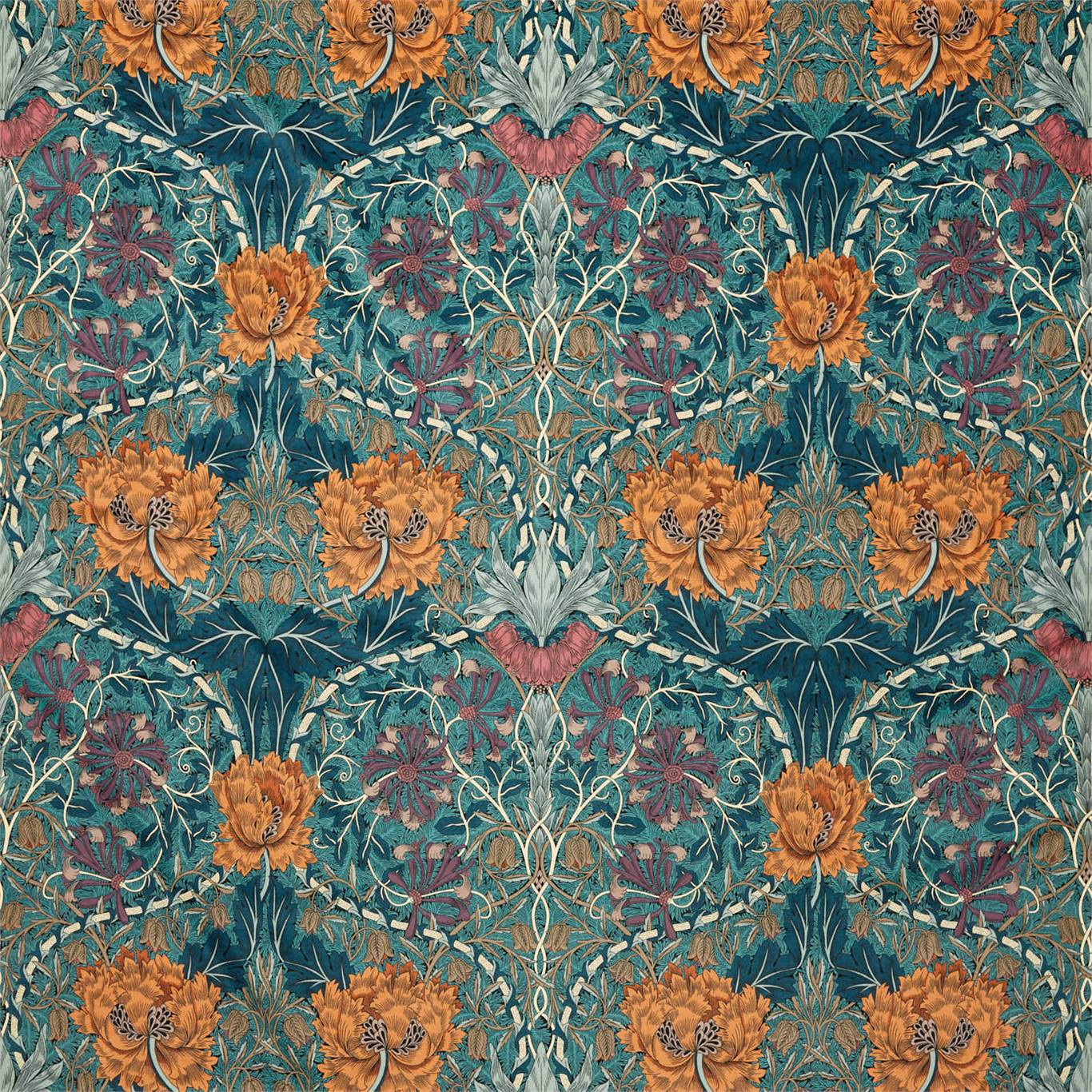MORRIS & CO Honeysuckle and Tulip Velvet Fabric Contemporary, Floral Woad,Mulberry - DROF236940
