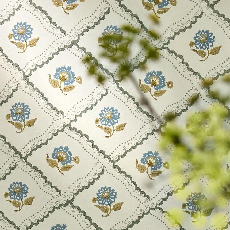 Sanderson Fairdown Wallpaper DSAB217440 in Forest/Olive, showing trellis and block-printed floral motifs – perfect for accent walls.