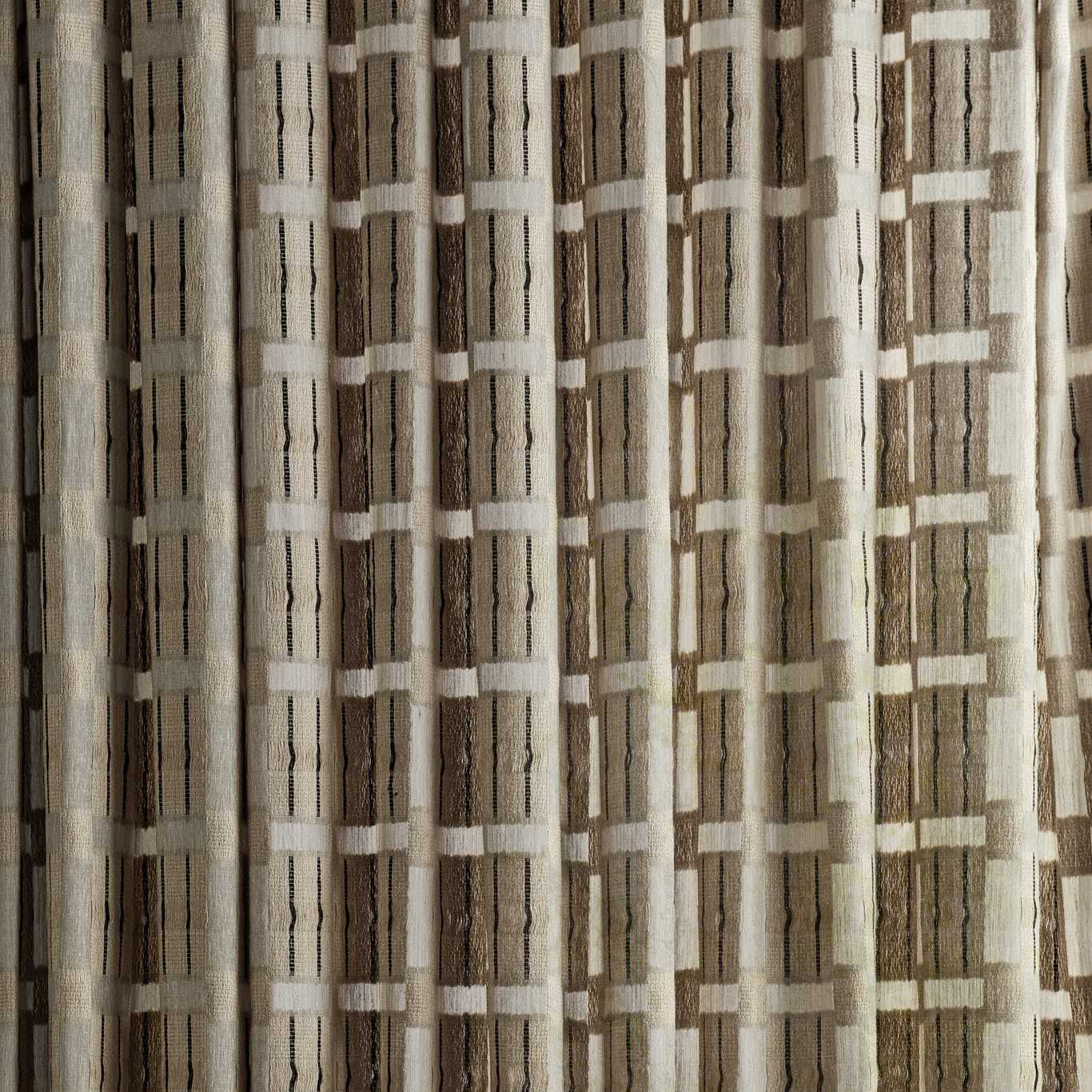 Beige and brown woven curtain fabric with a vertical grid pattern, neutral modern window drapes.