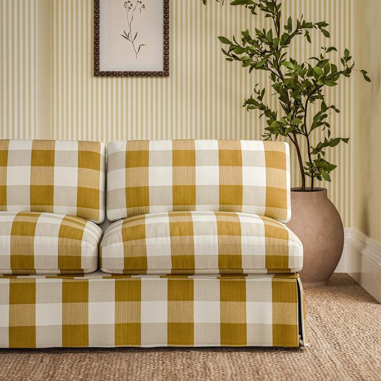 Sanderson Madras Check fabric in Golden Knot, 100% cotton buffalo check upholstery fabric for cushions, drapes, curtains, and furniture, durable designer textile for contemporary, traditional, or rustic interiors, high-quality home décor fabric for luxury and DIY projects.