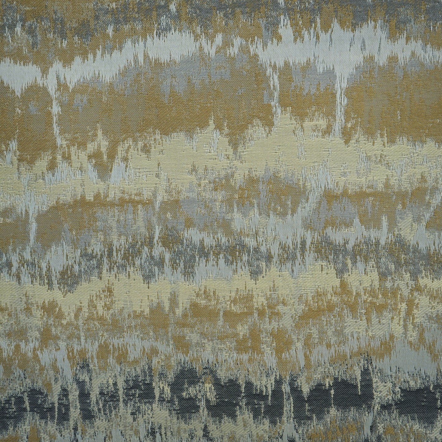 Abstract striped fabric in gold, olive, sage gray and navy with painterly brushstrokes and a textured weave.