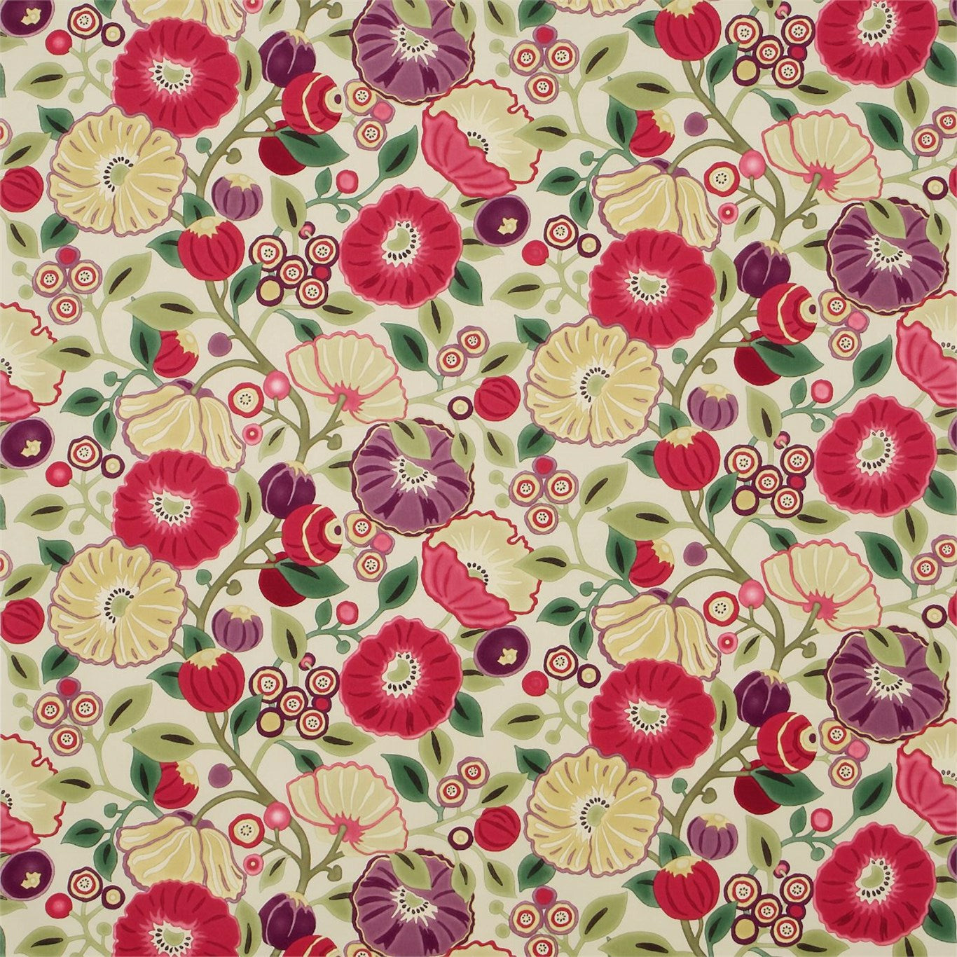 SANDERSON Tree Poppy Fabric Contemporary, Floral Red, Plum - DVIPTR202