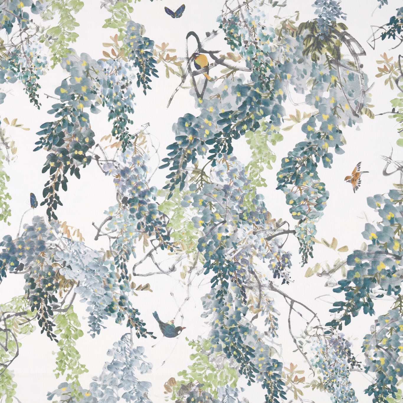 SANDERSON Wisteria Falls Fabric Leaves , Trees Mineral - DWAP226287