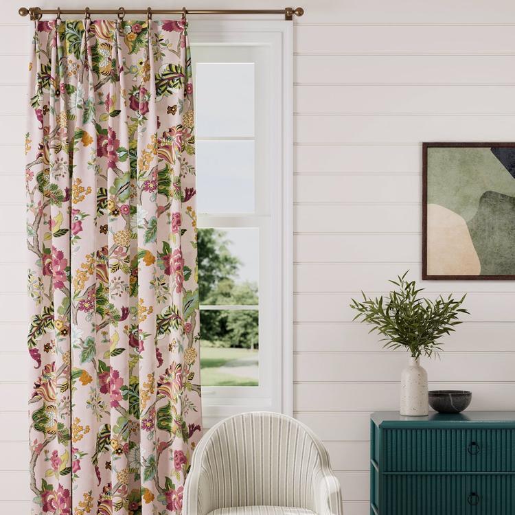Fusang Tree Fabric DWAT226966 Peach Blossom — 100% linen “tree of life” motif in soft peach and neutral tones by Sanderson Water Garden, straight match pattern repeat, suitable for curtains, upholstery, cushions