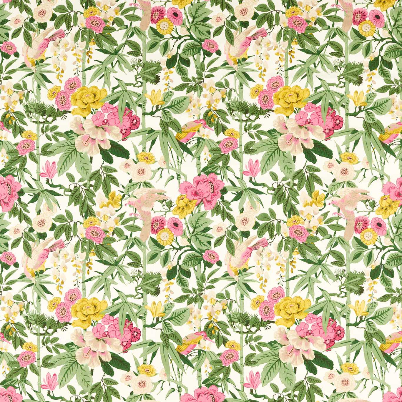 SANDERSON Bamboo & Bird Fabric Classic Floral Scallion Green,Fushia - DWAT226969