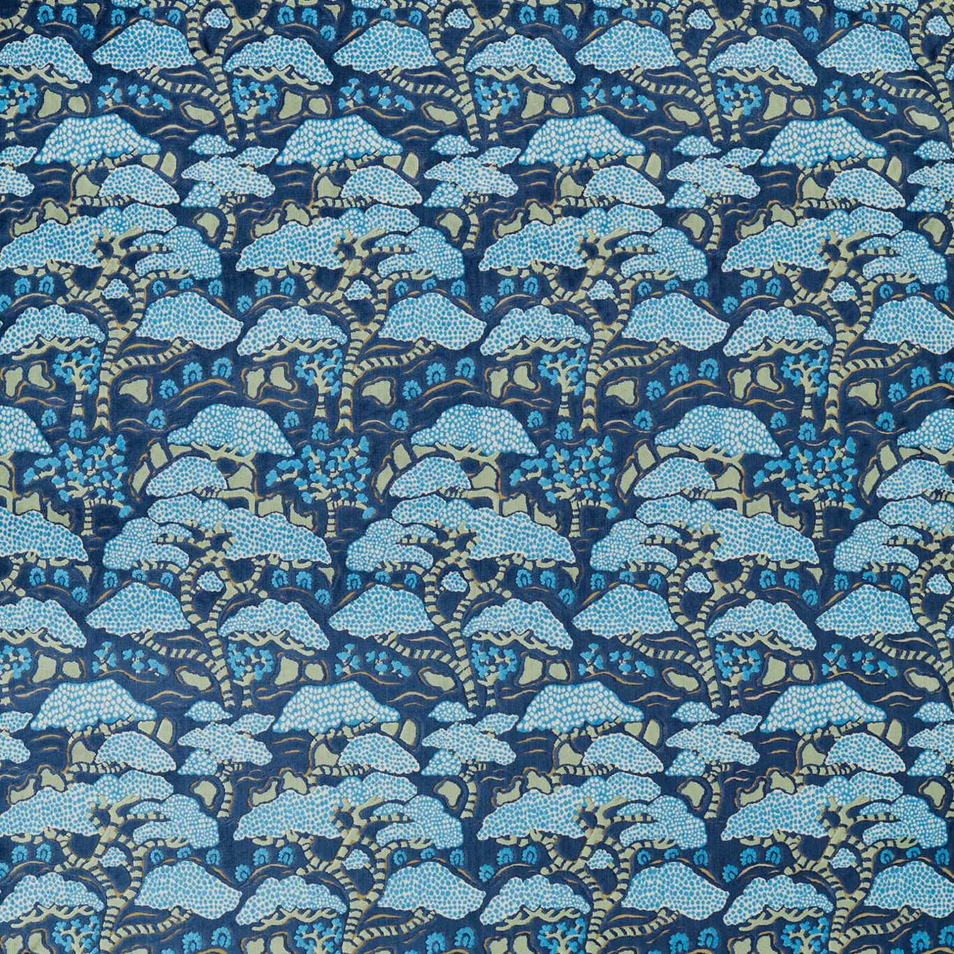 SANDERSON Bonsai & Gingko Fabric Leaves , Trees Blue - DWAT237278