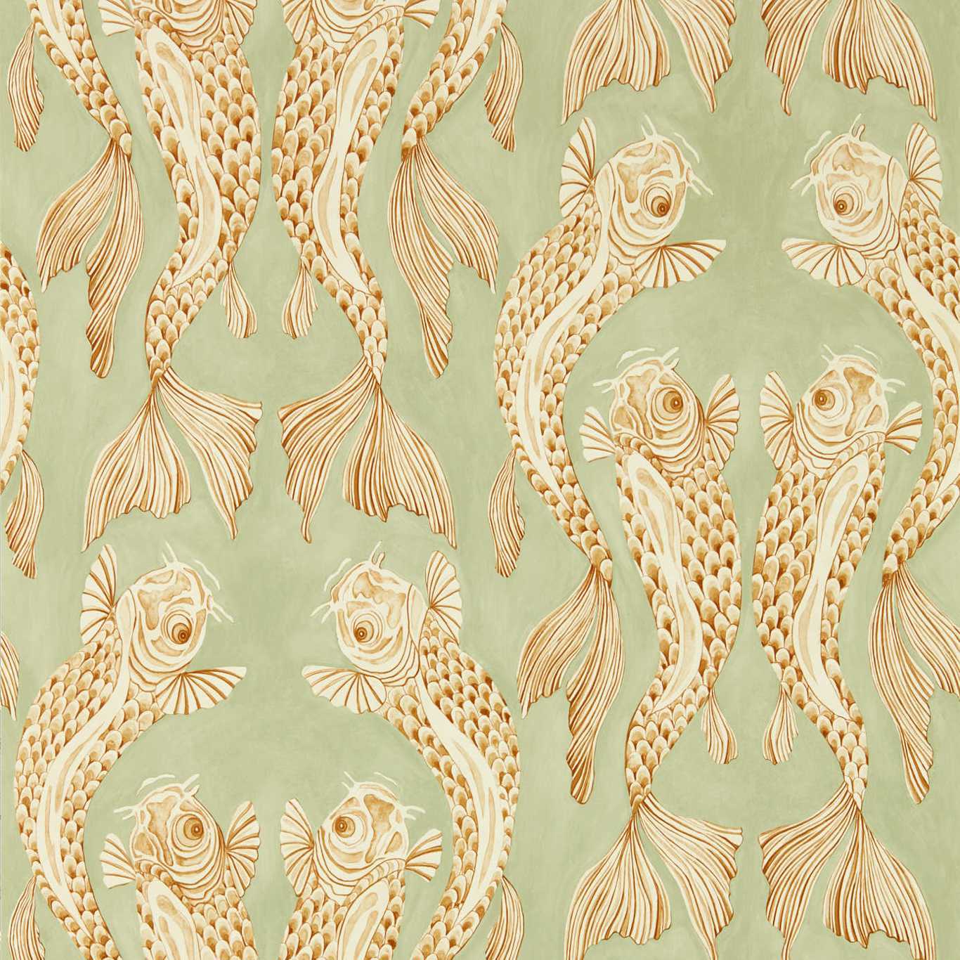 SANDERSON Voyaging Koi Wallpaper Animals Oriental Green,Honey Gravure - Wide Width Printed Wallpaper - DWAW217114