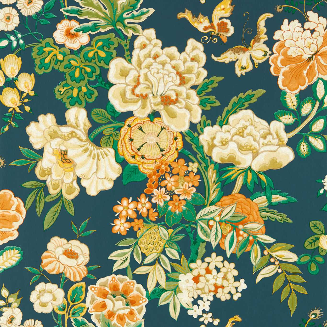 SANDERSON Emperor Peony Wallpaper Classic Floral Midnight,Apricot Gravure - Wide Width Printed Wallpaper - DWAW217120
